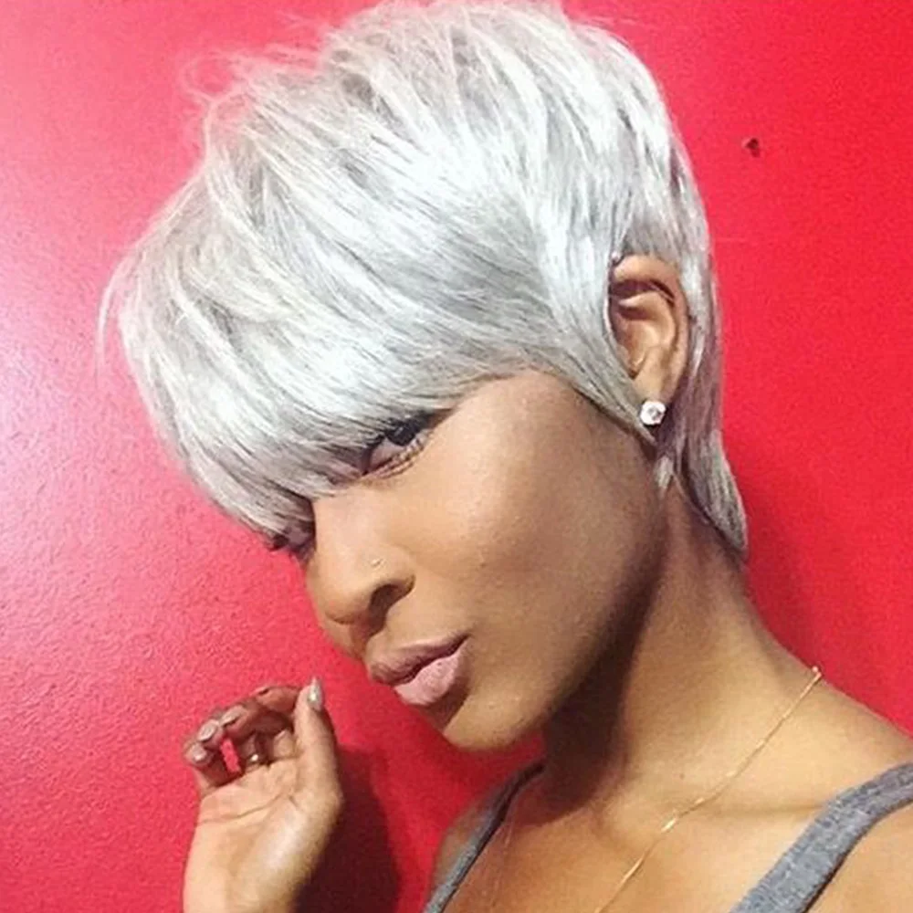 

Короткие парики из натуральных волос с челкой Серебристо-серый прямой парик с стрижкой пикси для женщин Парик из человеческих волос Remy машинного производства для ежедневного использования