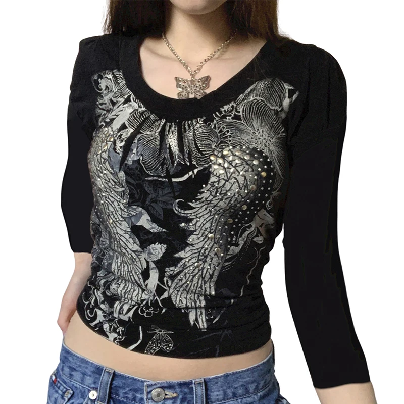 

Women Y2K Long Sleeve Top Vintage Gothic Butterfly Print Fit Tee Shirt Notched V Neck Aesthetic 90s Fairy Grunge Blouse