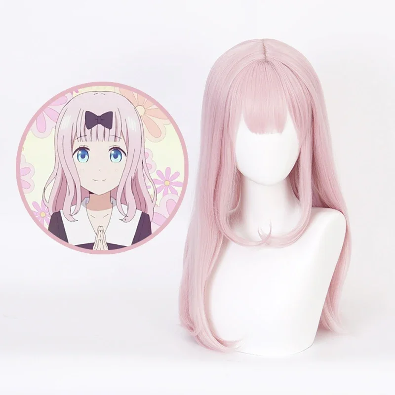 Fujiwara Chika 55cm pink long curls wig Anime Kaguya-sama:Love is War heat resistant hair cosplay costume wigs + wig cap