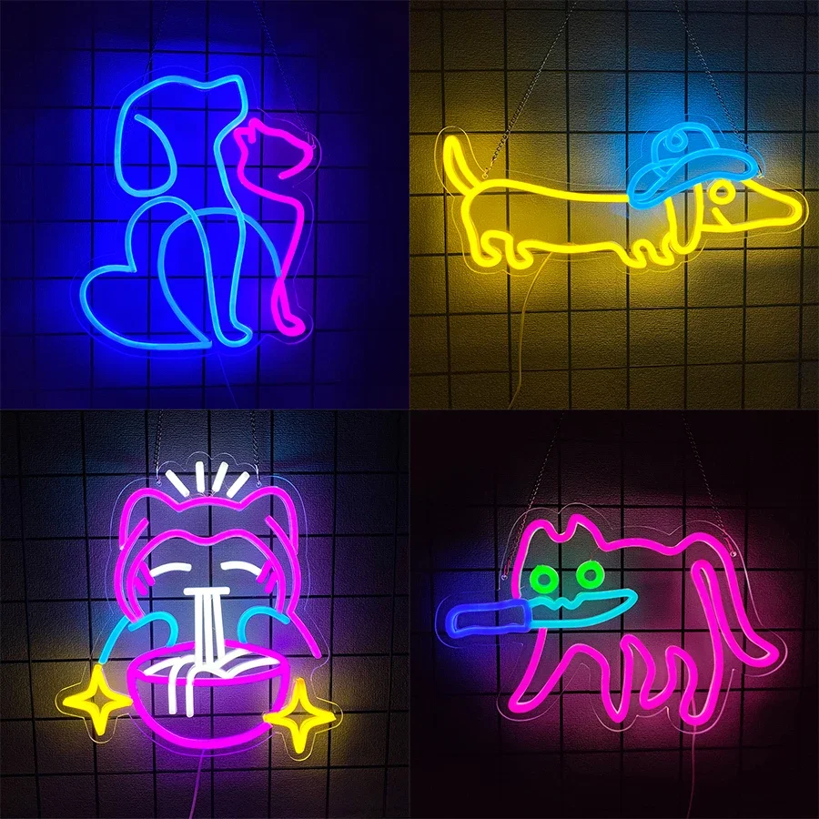 

Светодиодная лампа Lucky Cat Noodle, питание от USB, прекрасная неоновая вывеска с изображением кота и собаки, используется для ресторана, гостиной и клуба