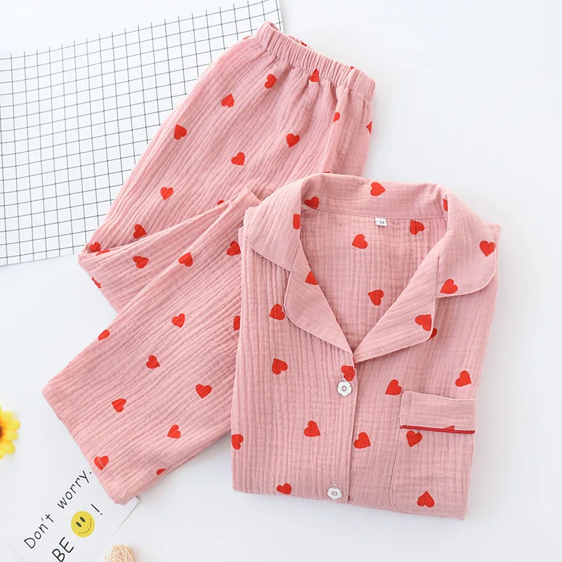 2PCS Heart Print Pajamas Suit Womens Spring Autumn Nightwear Turn Down Collar Shirt Pant Fashion Ladies Sleepwear Loose Casual