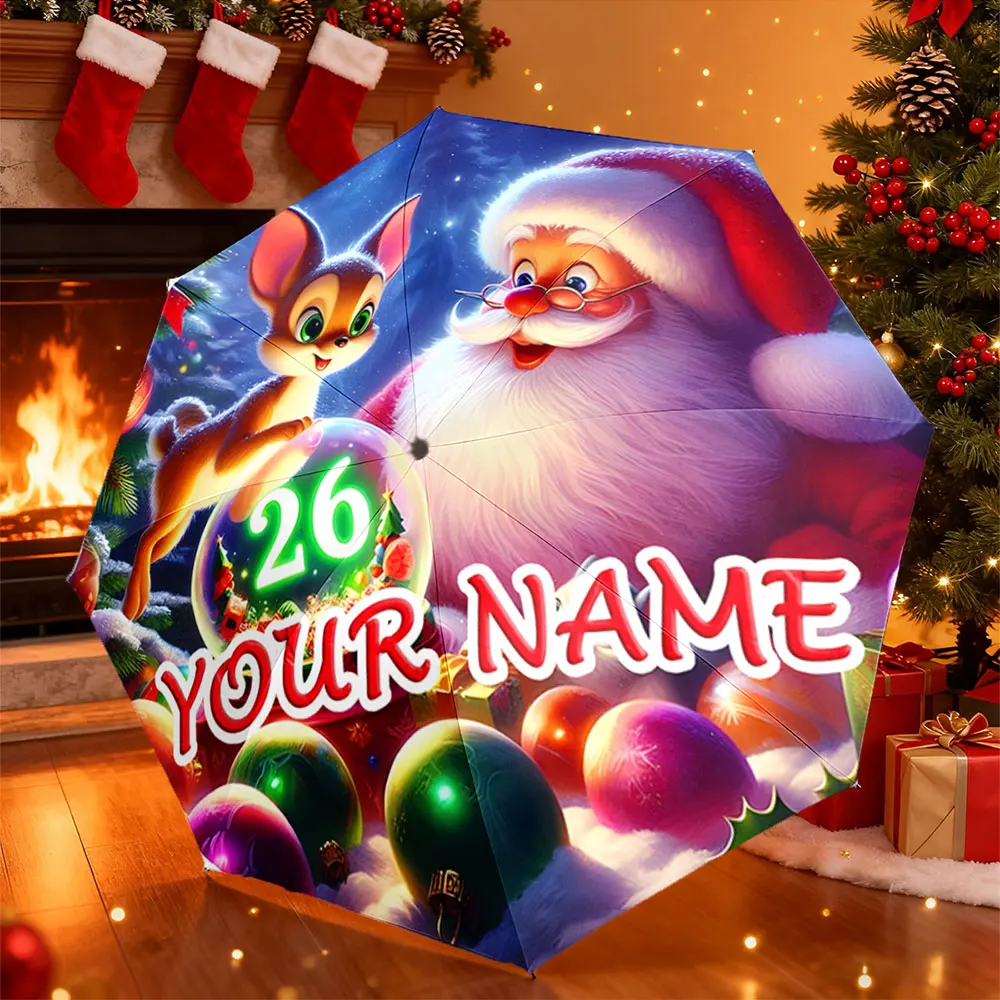 Custom Name Umbrella， Customized Christmas Umbrella - Santa Claus & Deer Design ,Portable Folding Umbrella, Christmas Gift