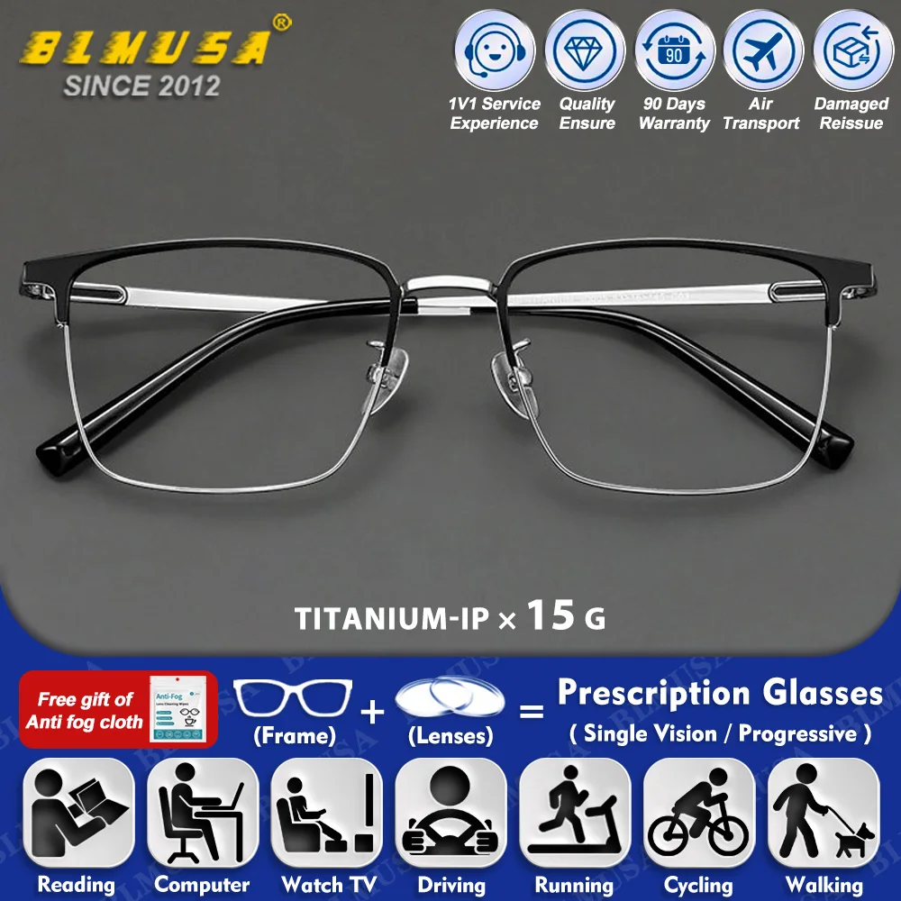 

BLMUSA (M) Men Pure Titanium Oversize Half-Frame Prescription Glasses Blue Light Blocking Progressive Optical Myopia Eyeglasses
