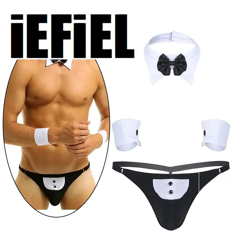 

3Pcs Men Cosplay Waiter Lingerie Set Open Back Tuxedo G-string Thong Underwear with Bow Tie Collar Bracelets Gay Sexy Clubwear