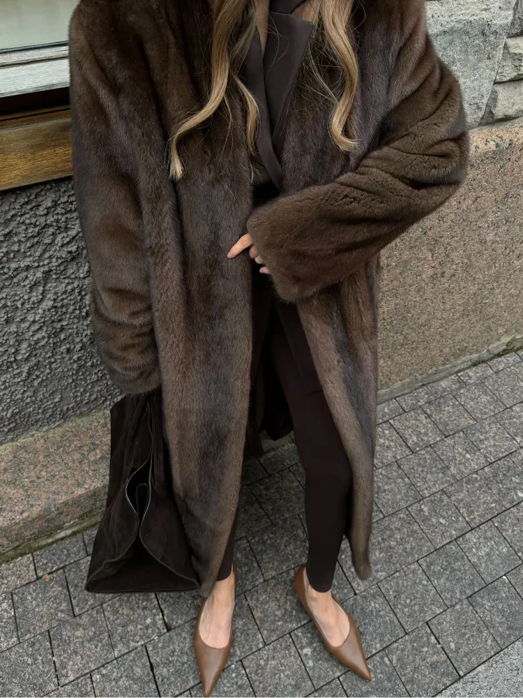 Lady Soft Warm Solid Color Full Sleeve Long Faux Fur Coat Elegant Fluffy Loose Woman Overcoat 2024 Winter New Commuter Wear