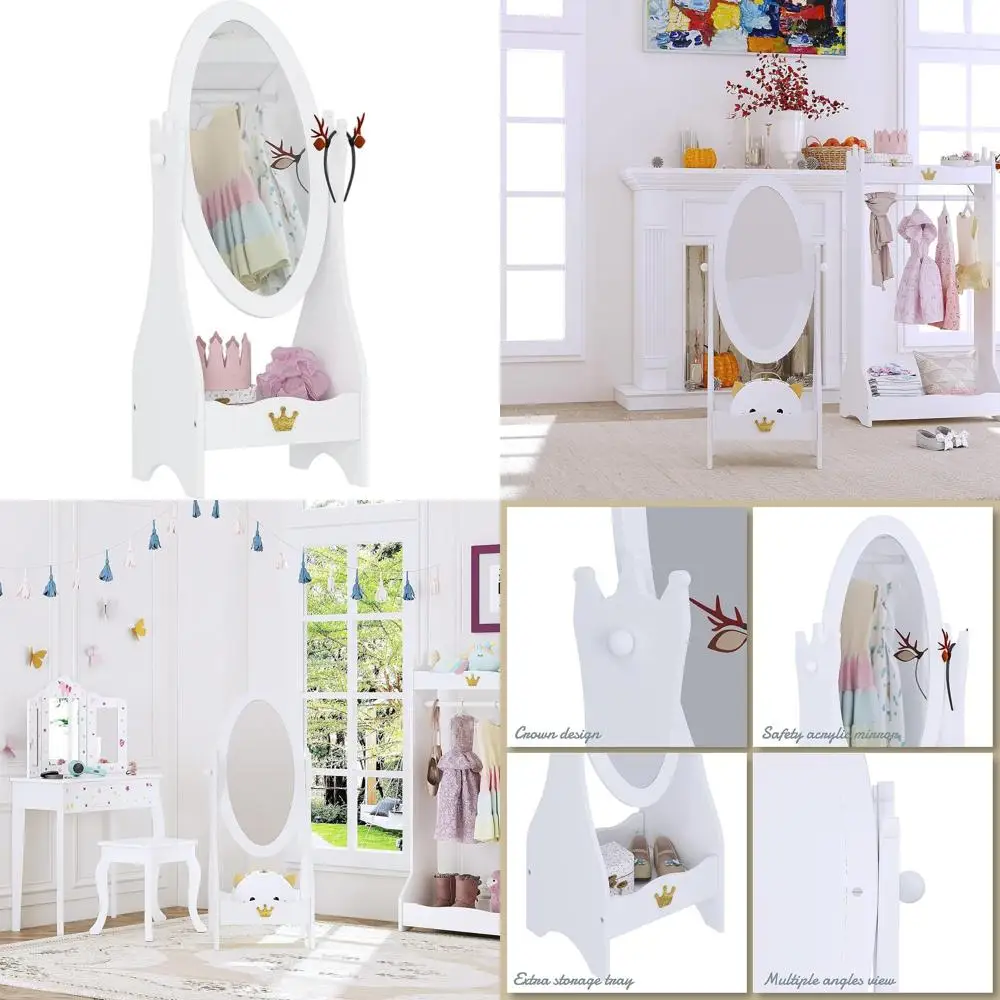 

Adjustable Wooden Standing Mirror for Kids, Ages 3-7, White with Storage