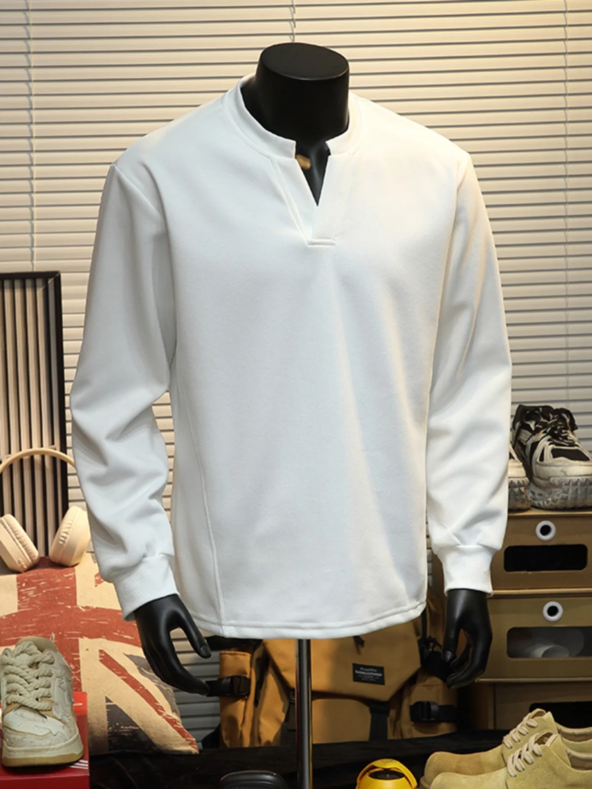 Cleanfit الأبيض طويل Sve V-Ne هنري تي شيرت بياقة الرجال ربيع الخريف Fitn Muscle ow ملابس داخلية مريحة فضفاضة تناسب