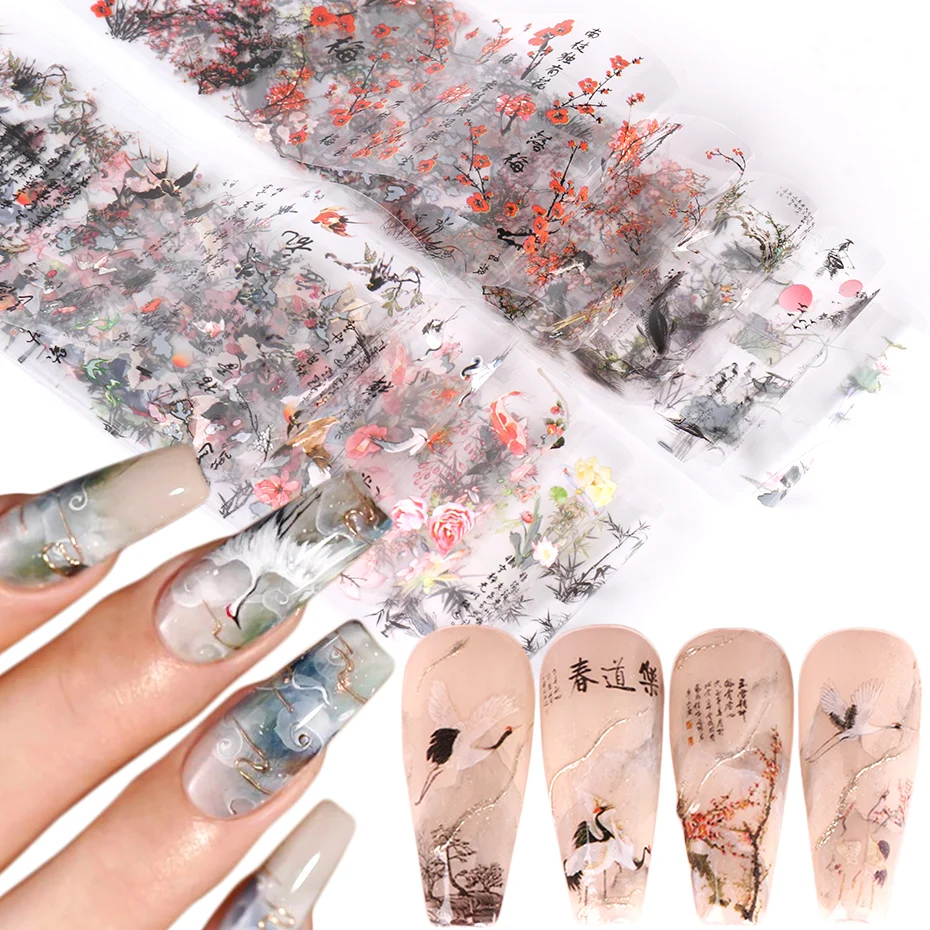 10pcs Nail Foils Chinese Character Crane Bamboo Gold Fish Flower Chinese Style Slider Sticker Gel Polish Nail Decoration BEDXK12