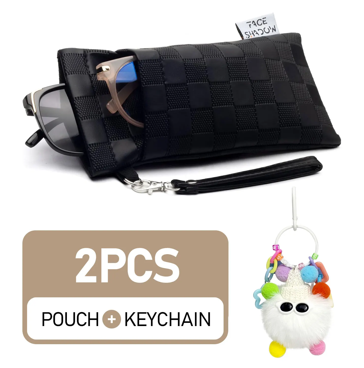 Double Glasses Case Soft Eyeglass Case for Women Men Squeeze Top Sunglasses Pouch with Cleaning Cloth DIY Cute Keychain with Bag
