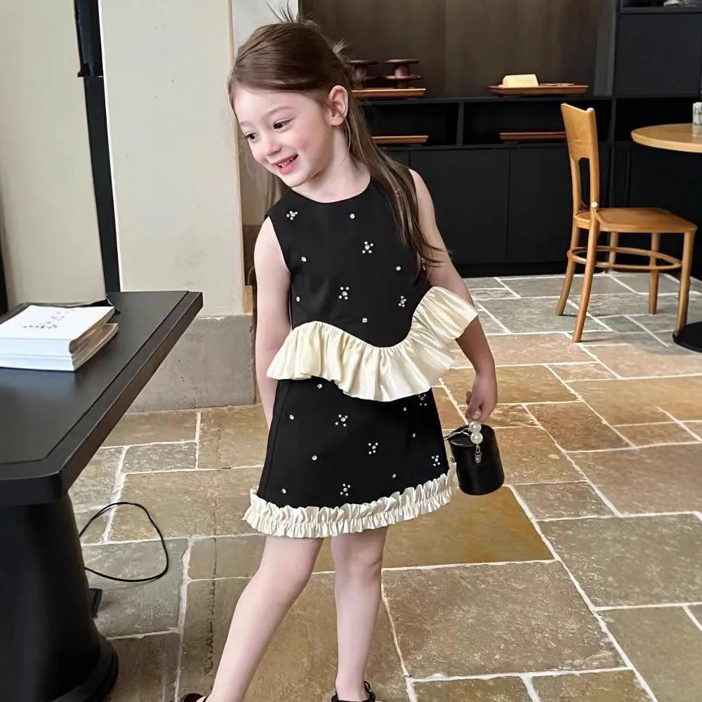 Korean Version Fashion Party Gold Style Printed Lace Vest+short Skirt Two-piece Set Summer New