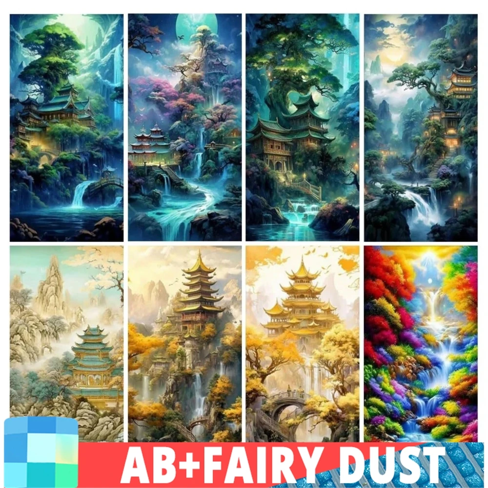 Fairy Dust AB Large Size Diamond Painting Scenic Pavilion Waterfall Diy Full Mosaic Embroidery Landscape Mountain Wall Decor