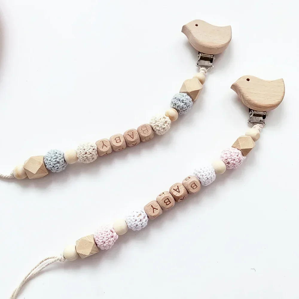 INS Baby DIY Personalized Name Pacifier Clips Chain Wood Crochet  Silicone Beads Newborn Dummy Nipple Holder Clip Teething Toys