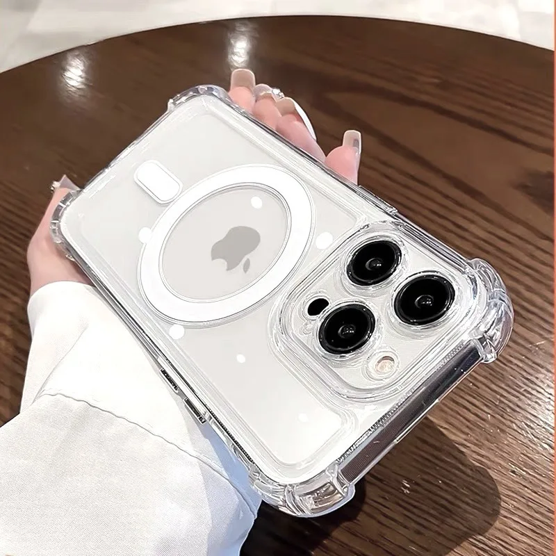 

Magnetic suction suitable for iPhone 15Promax iPhone case 16Pro transparent silicone all inclusive anti drop cover airbag