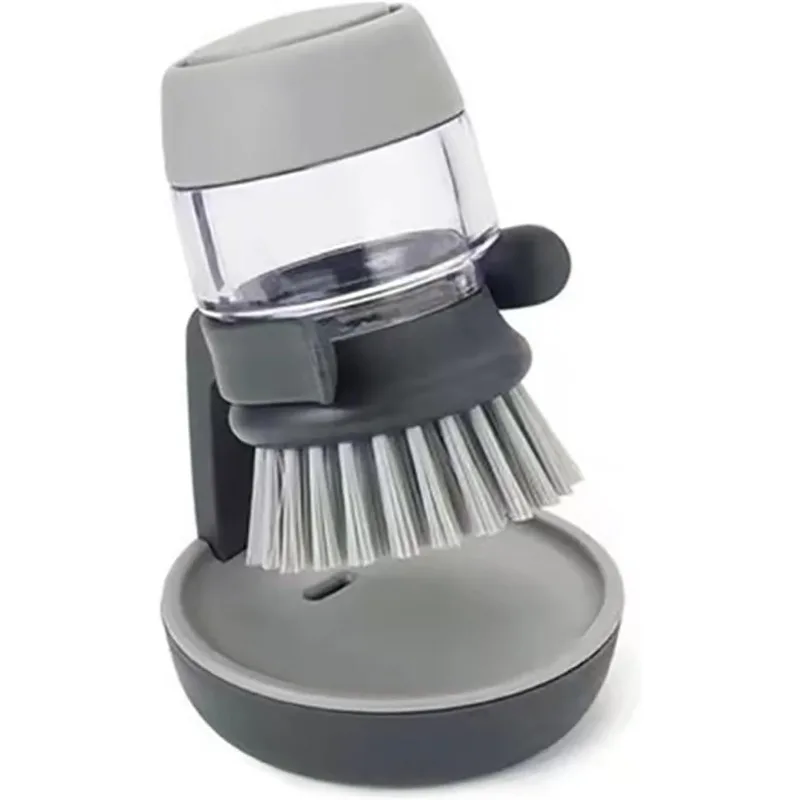 Dish Brush with Soap Dispenser, Dishwashing Kitchen Scrub Brushes Dish Scrubber with Holder Drip Tray, for Cleaning Pan, Pot, Sink(Grey)