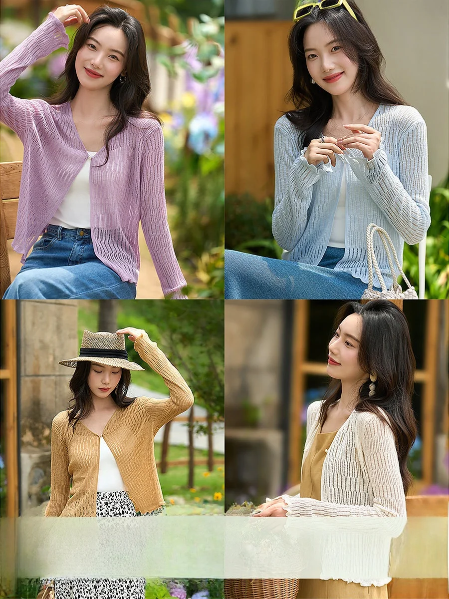 

Spring New Light Oxygen Knitted Open Cardigan Women's Breathable Hollow out Knitwear Casual Loose Fit V-Neck Long Sleeve