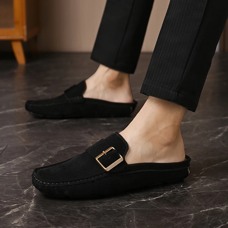 Large Size 47 48 Mules Men Half Shoes For Man Leather Mens Casual Shoes Backless Loafers Slippers Slides Flat Closed-toe Sandals