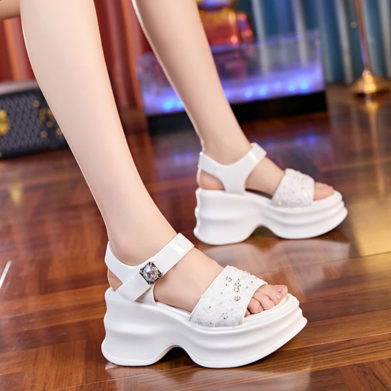 Fujin 8.5cm Microfiber Synthetic Leather Bling Slip on Women Peep Toe Sandal Slippers Pumps Summer Platform Wedge Fashion Shoes