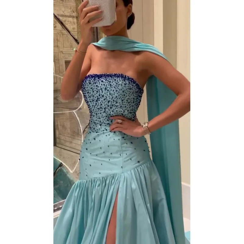 Indie Strapless Prom Dresses A-Line Plus size Formal Dress Sleeveless Evening Gown Beading Open Leg Party Gowns customized 2025 image 4