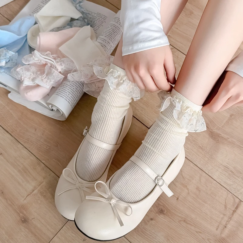 

Кружевные носки с рюшами и цветочным принтом, летние хлопковые тонкие дышащие носки средней длины, женские носки JK Sweet Girls Lolita Kawaii Princess Socks