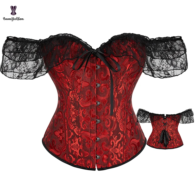 Victorian Lace Sleeve Korsett Sexy Top Chest Binder Bustier Floral Lace Up Boned Corset Woman Plus Size S-6XL