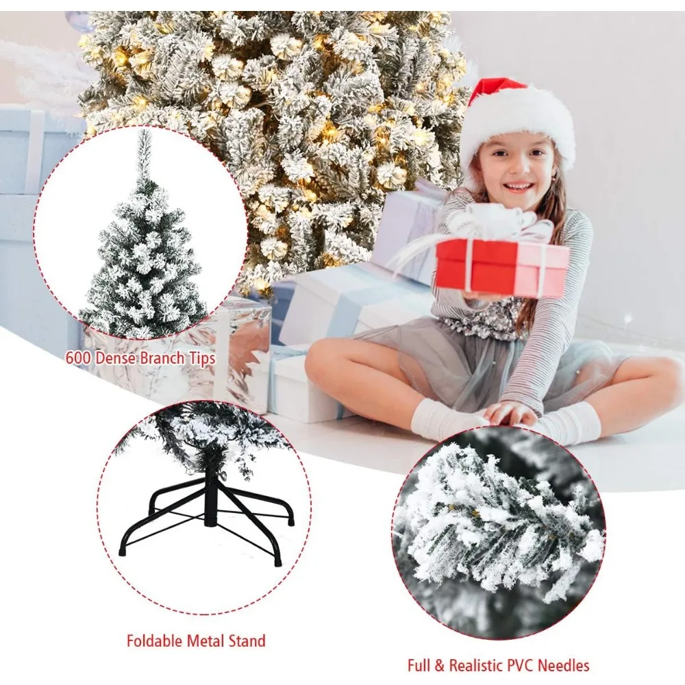 Árvore de Natal de pinho articulada flocada à neve em PVC premium de 6 pés com suporte de metal e luzes LED