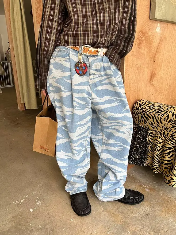 

new American High Street Men's women's Denim Pants Camouflage Straight Bottom Simple Wide Leg Loose Trousers Spring Stylish 2025