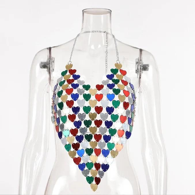 Multi-color Heart Shape Acrylic Beading Breast Chain 2024 Sexy Night clubwear Backless Halter Camis Tops Summer Bra Chain Tops