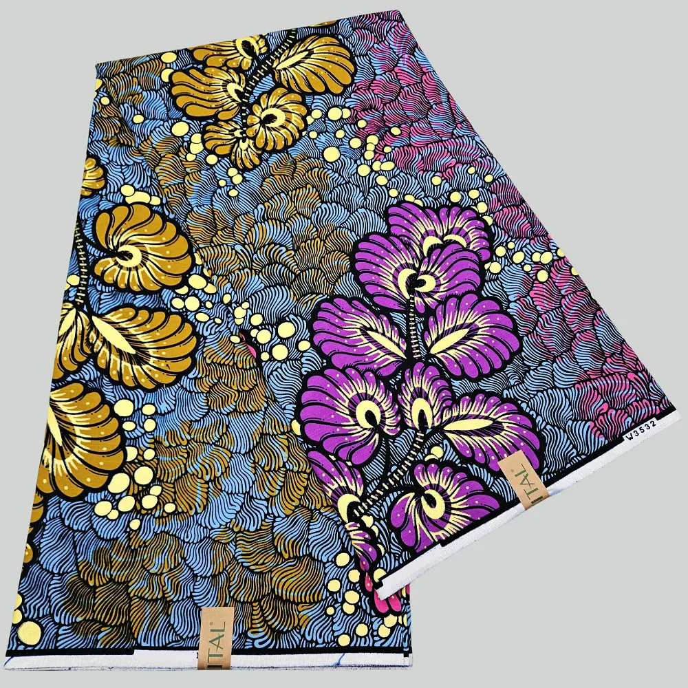 Afrikanischer Baumwoll-Wachsdruckstoff, glänzendes goldenes Wachs-Modedesign, maschinenwaschbar, DIY handgefertigter Stoff – Detail 1