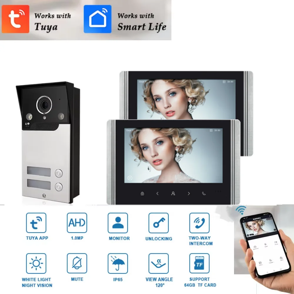 7 Inch Monitor Tuya WiFi Video Doorbell Camera Multi Apartment Video Door Phone Intercom System for 2 Family Apartment