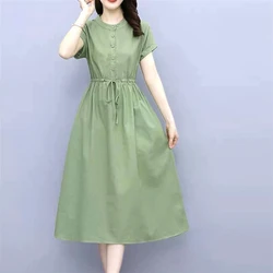 Vintage Casual Pockets Cotton Linen Short Sleeve Lace Up Elegant Dresses for Women Summer Fashion Solid Loose Female Midi Dress