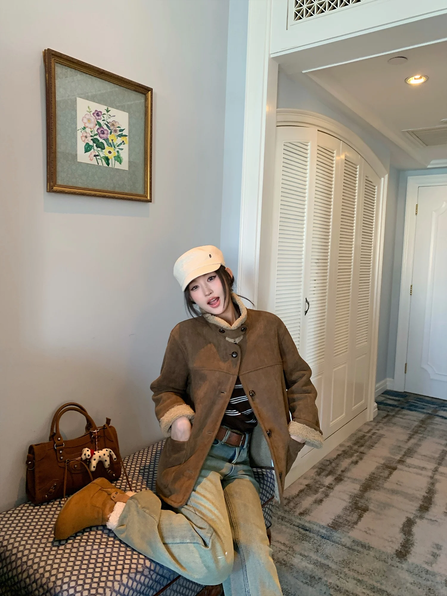 Chen Mi Fan Bruin Suède ort Jaet Dames Fce Gevoerde Jas Casual Sle Polyester Stof Lange Sve Knoopsluiting