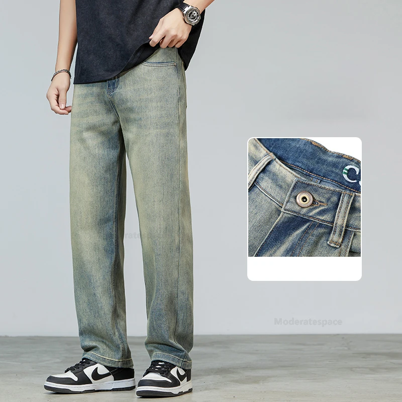 Calça casual reta vintage masculina, larga e larga calça jeans de algodão, moda americana de rua alta, nova, 2024