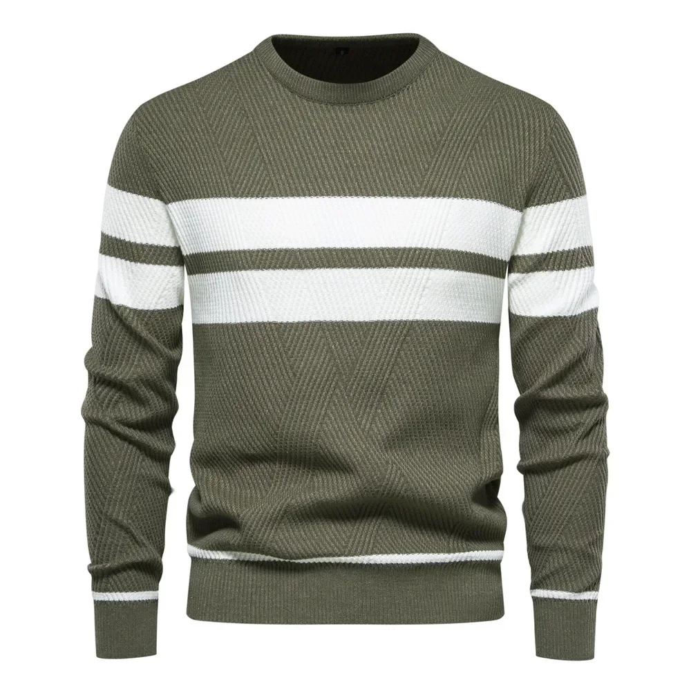 Men's Sweater Autumn Winter Casual Striped Pullover Color Matching Round Neck European Size Knit Shirt Male Tops