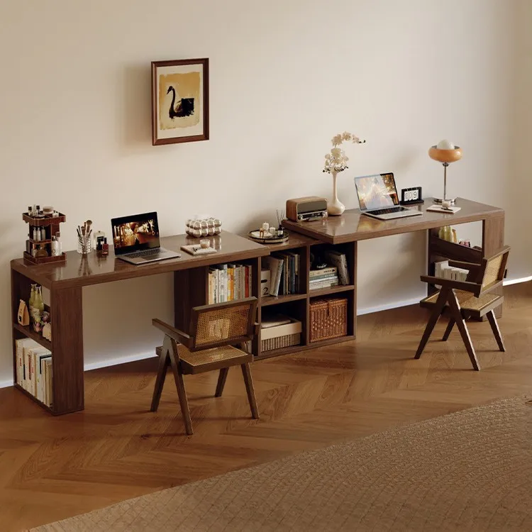 

Solid wood double desk adult home study table bedroom long table storage cabinet integrated retractable