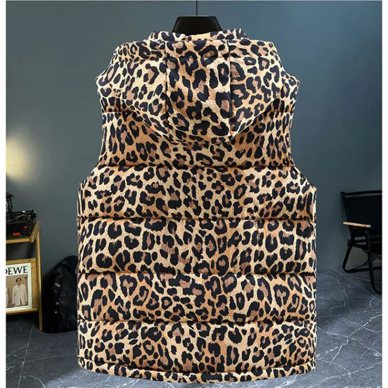 المألوف أسفل ليوبارد طباعة سترة 2025 جديد الخريف الشتاء سميكة الدافئة العصرية سترة غير رسمية مع مقنعين المرأة صدرية H500
