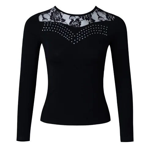 1pcs/lot woman long sleeve latin dance top lady black lace patchwork ballroom walt dancing blouse