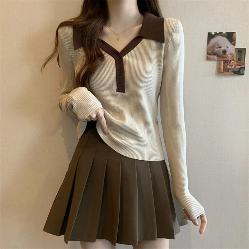 

Women's Spring Autumn Korean Preppy Style Knit Tops Mini Pleated Skirts 1 or Two Piece Set Lady Slim Polo Sweater Skirt Outfits