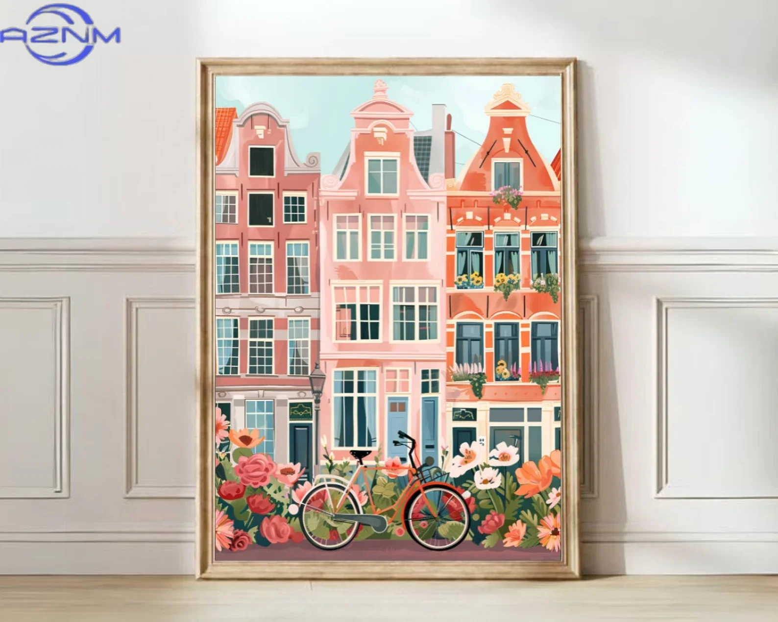 AZNM Impresión de Ámsterdam, Ilustración de Ámsterdam, Póster de viaje de Ámsterdam, Ilustración de Nueva York, Póster de flores, Impresión colorida para guardería