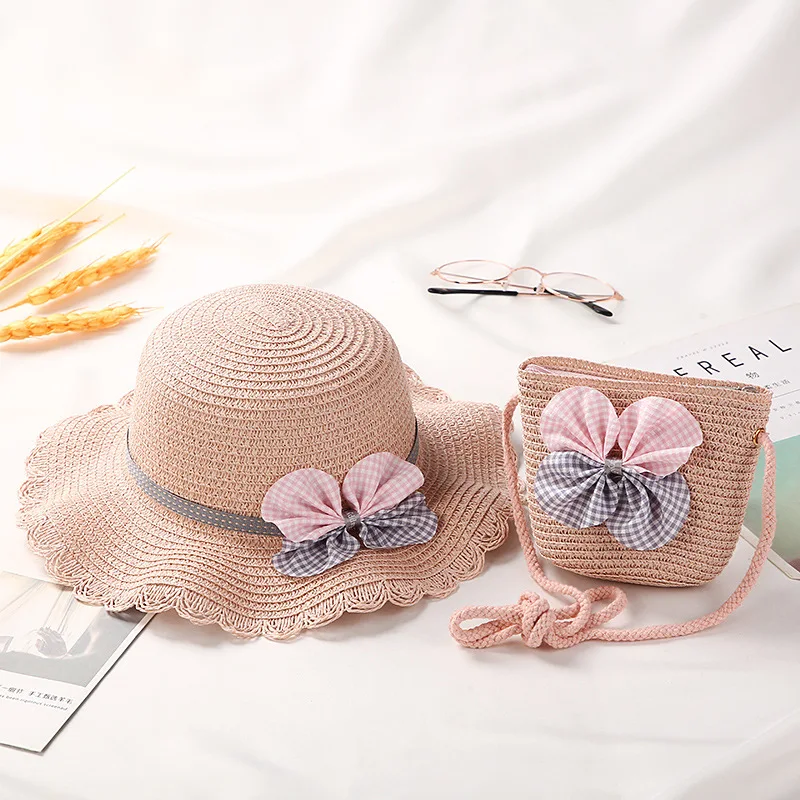 Girls Straw Hat Set Tourism Sun Hat Flower Children Sun Hat and Bag Set Baby Outdoor Wide Brim Bucket Hats