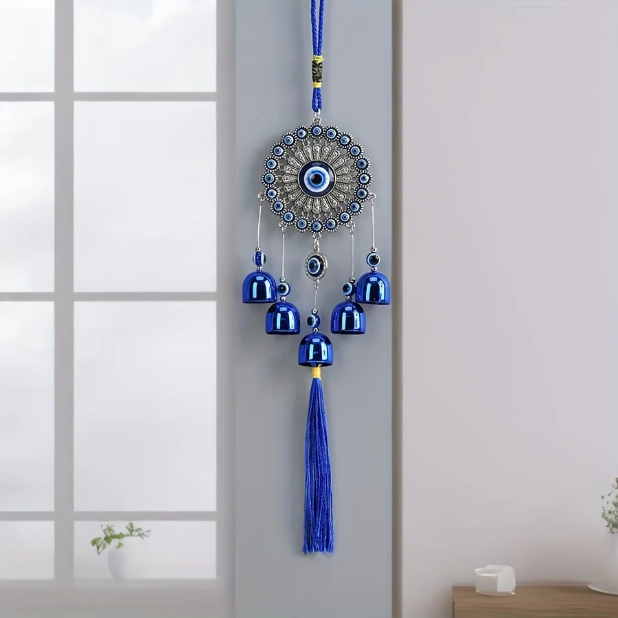 1 Piece of Blue Eye-Shaped Bell Tassel Flower Plate Wind Chime for Entryway, Window Frame, Wall Hanging Decoration, Outdoor Corridor, Balcony, and Garden Decoration