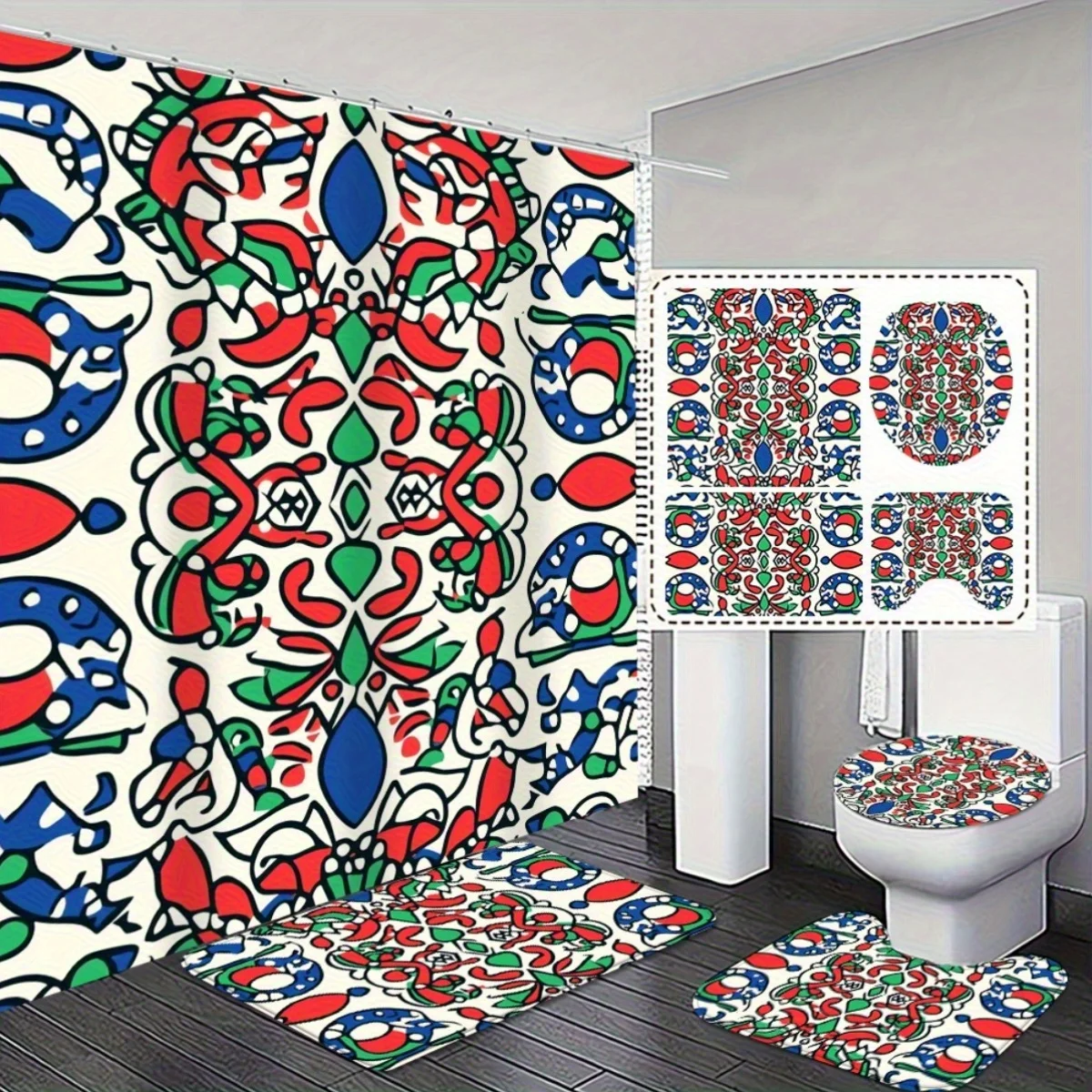 

4pcs. Artistic Bathroom Set - Non-Slip Absorbent Rugs and Shower Curtain with Colorful Abstract Design - Soft and Comfortabl