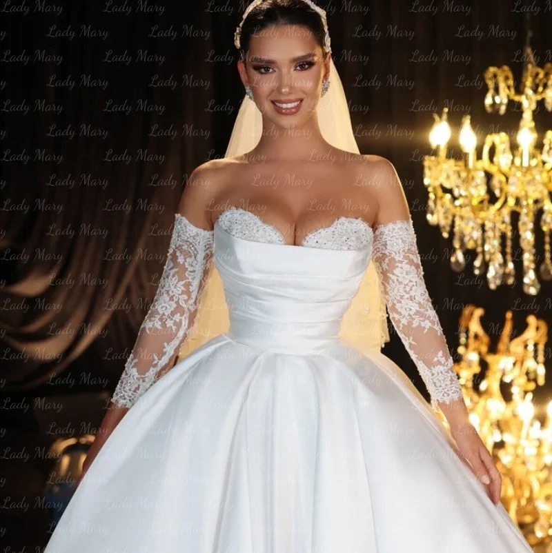 ゴージャスなプリンセスウェディングドレスレーススリーブサテン女性ブライダルガウンスイープトレイン Vestidos De Novia 2025 カスタマイズ