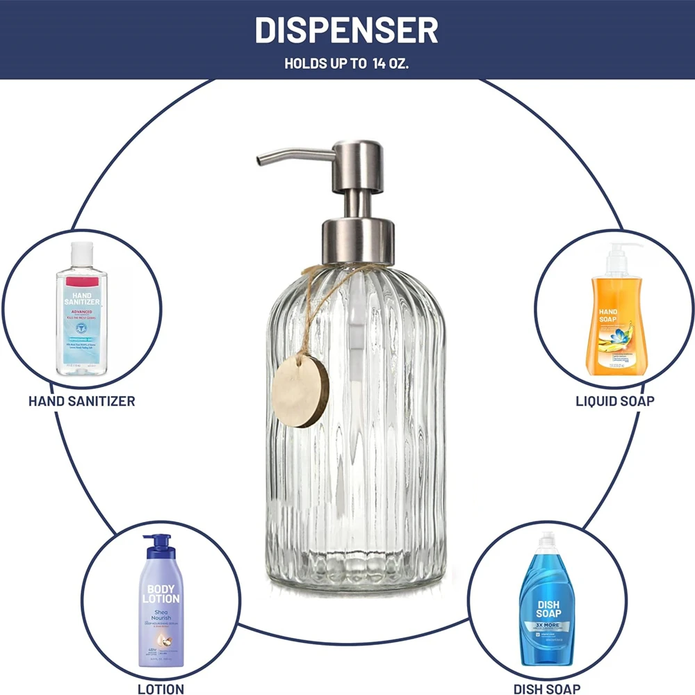 Liquid Soap Dispenser, Glass Hand Soap Dispenser for Bathroom, Pump Bottle Dispenser for Kitchen Sink Dish Wash, 2pcs 400ml 14oz