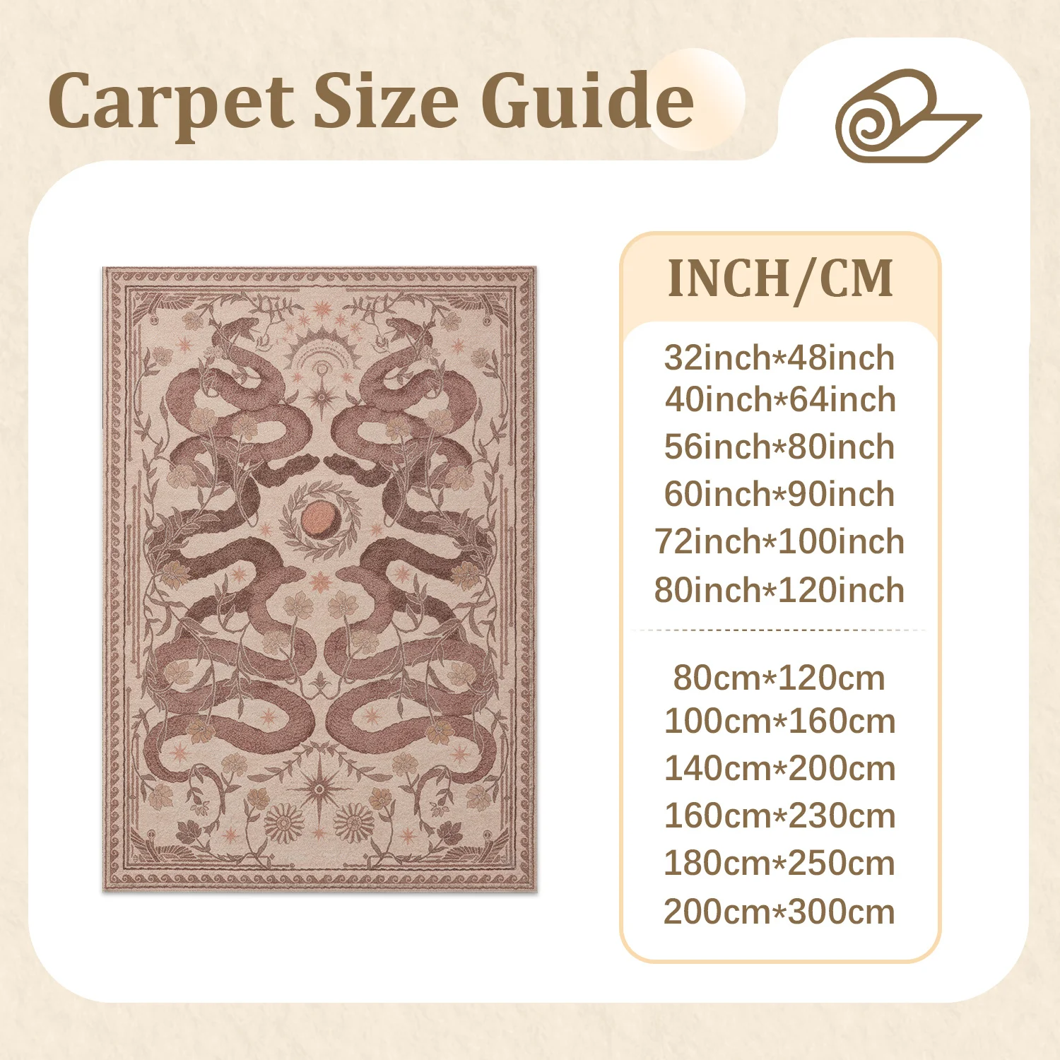 Large Indoor Area Rug, Soft Velvet Low Pile Rug with Non-slip Dotted Backing, Machine Washable Vintage Boho Snake & Floral Pattern Rug, Earthy Neutral Tones for Living Room, Bedroom, Entryway