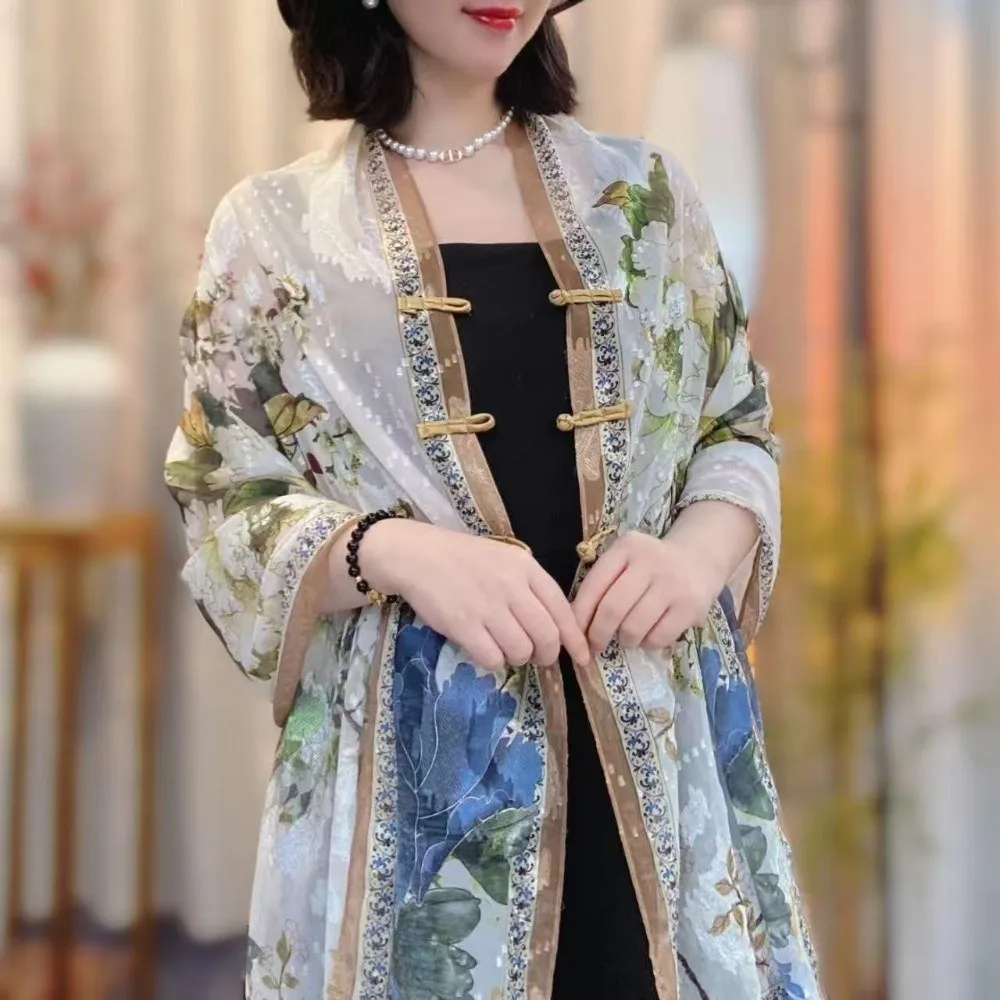 

Retro Style Buckle Printed Shawl Flower High-End Feeling Lady Silk Scarf Chinese-style Fashionable Travel Photography Scarf