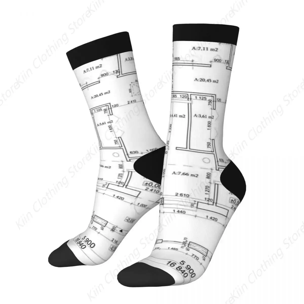 Detailed Architectural Private House Floor Plan Socks Sweat Absorbing Stockings All Season Long Socks for Man's Woman's Gifts