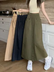 Zoki Elegant Simple Slit Cargo Skirt Women Streetwear Fashion High Waist Y2K Midi Skirts American Retro Pockets All Match Skirt