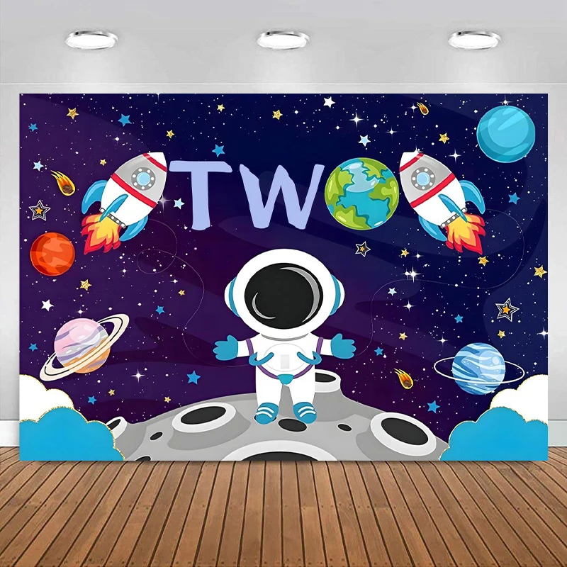 Outer Space Backdrop Baby Boys 2nd Birthday Party Decoration Universe Astronaut Rocket Background Galaxy Star Banner Photography