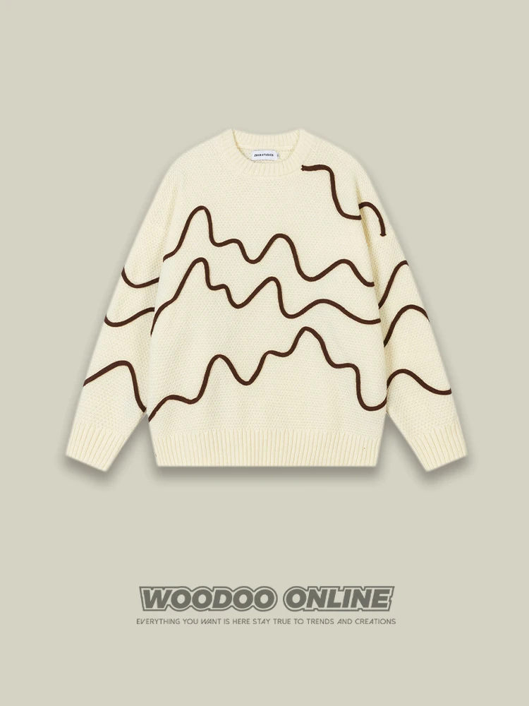 

American Retro Casual Lines Men's Knitted Sweater Brand f Window Mountain Color Loose Fit Long Sve round Ne