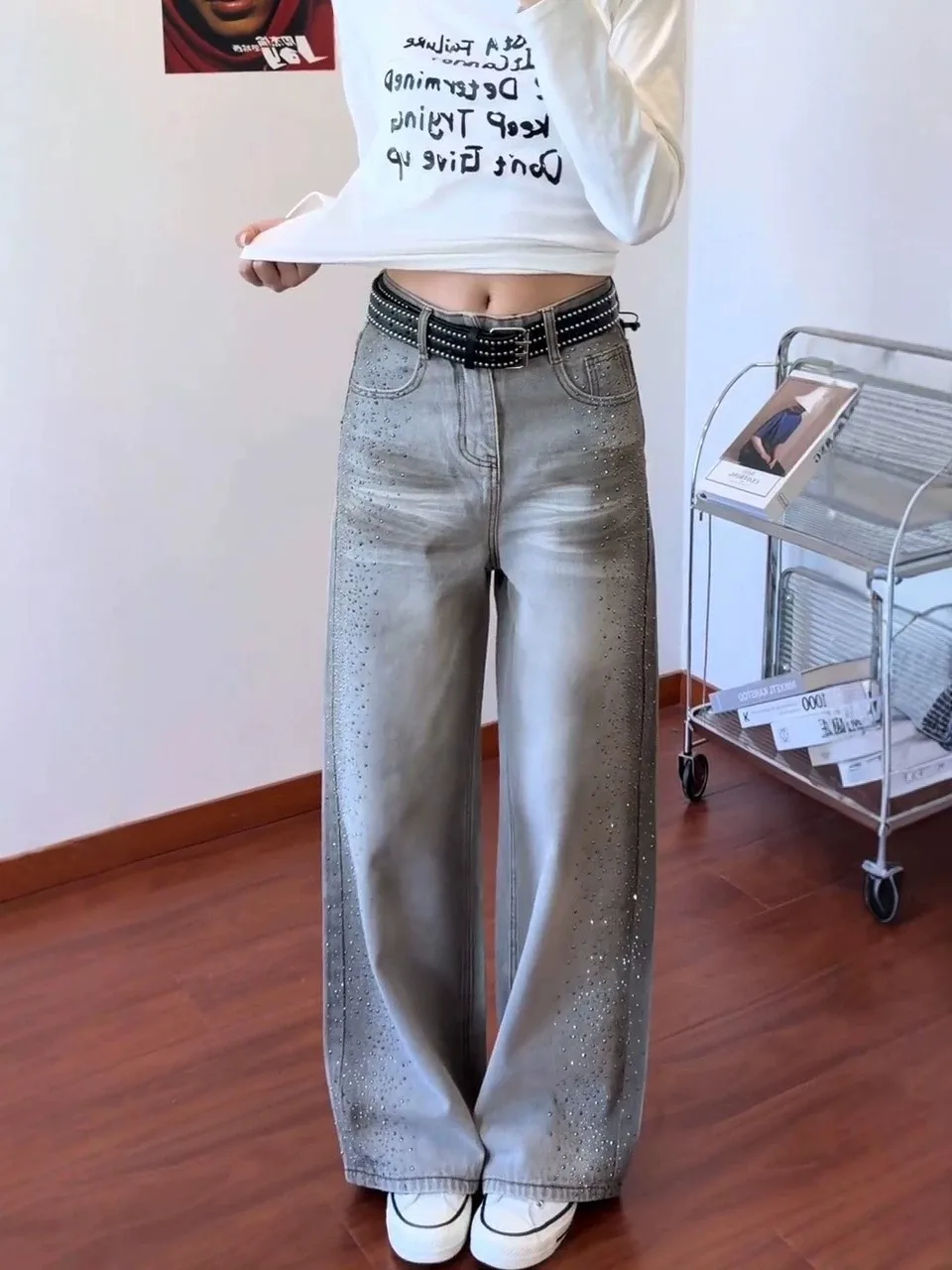 Loose Fit High Waist Denim Jeans Women's plus Size Retro American Street Style Sparkling Design Versatile Wide Leg Pants